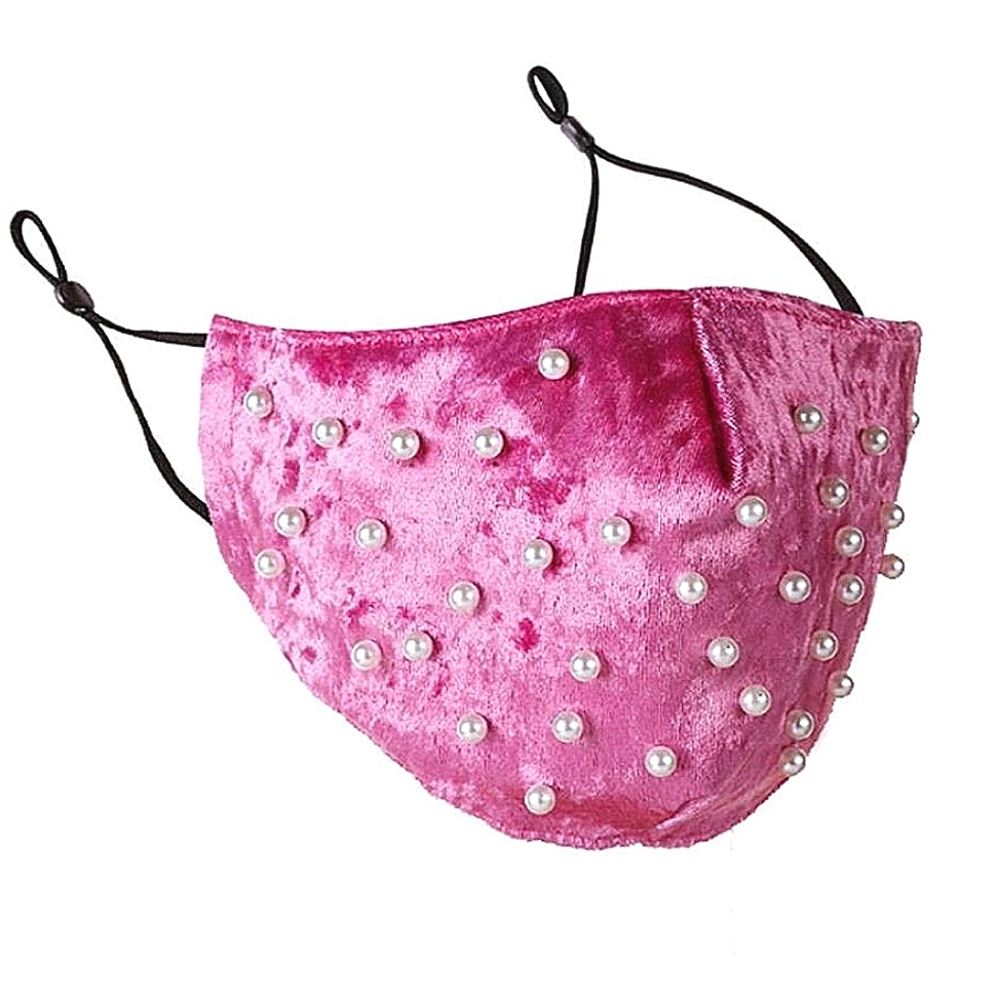 NWT Fuchsia Pink Velvet and Pearls Face Adjustable Mask . - Picture 5 of 5